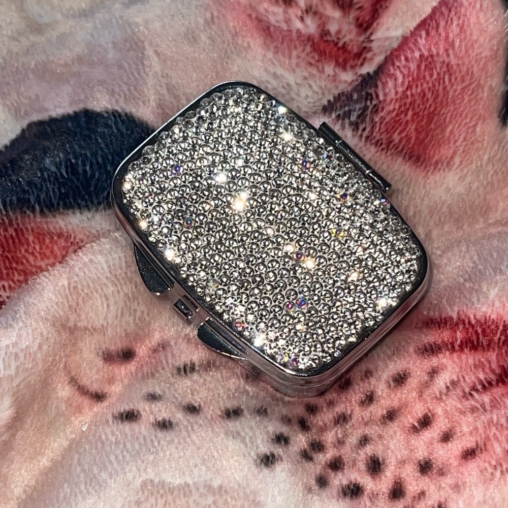 (SOLD) Bling Silver Rhinestone Pill Box with Mirror